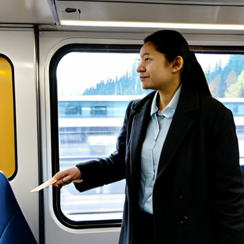 ** A professional-looking person of diverse ethnicity, in a modest business casual outfit, fully clothed, appropriate attire, stands comfortably inside a clean, modern Skytrain carriage in Vancouver. The person is holding a Compass Card towards a reader, indicating a tap payment. Sunlight streams through the large windows, revealing a glimpse of the city skyline outside. The interior is well-lit and spacious, with a few other passengers in the background, all fully clothed and engaged in their commute. Perfect anatomy, correct proportions, natural pose, well-formed hands, proper finger count, natural body proportions. Safe for work, appropriate content, fully clothed, professional, modest. High-resolution, professional photography, natural lighting, sharp focus.

**