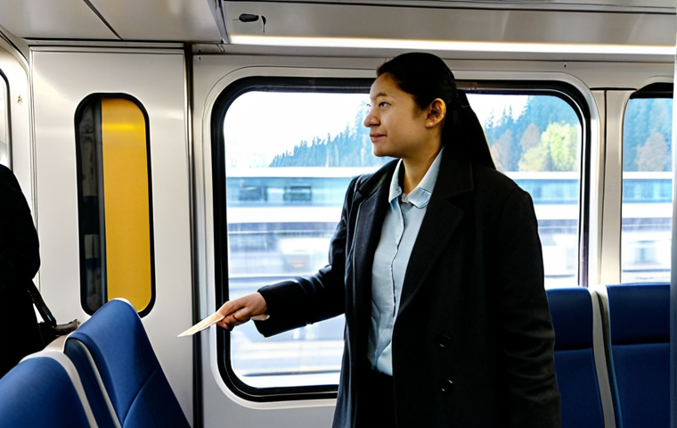 ** A professional-looking person of diverse ethnicity, in a modest business casual outfit, fully clothed, appropriate attire, stands comfortably inside a clean, modern Skytrain carriage in Vancouver. The person is holding a Compass Card towards a reader, indicating a tap payment. Sunlight streams through the large windows, revealing a glimpse of the city skyline outside. The interior is well-lit and spacious, with a few other passengers in the background, all fully clothed and engaged in their commute. Perfect anatomy, correct proportions, natural pose, well-formed hands, proper finger count, natural body proportions. Safe for work, appropriate content, fully clothed, professional, modest. High-resolution, professional photography, natural lighting, sharp focus.

**