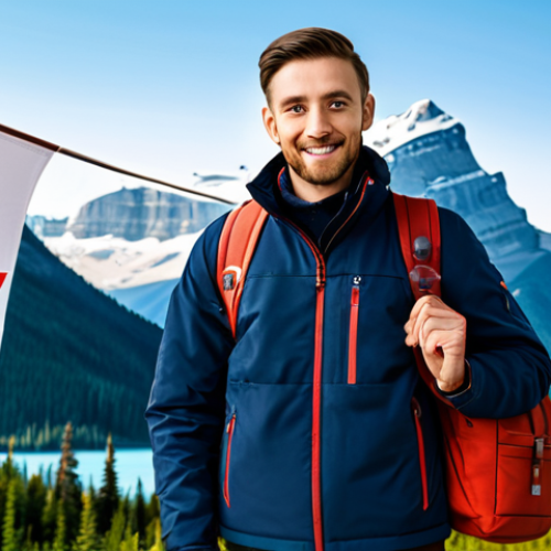 Tourist Visa Essentials**

A traveler in appropriate attire standing in front of the Canadian flag, holding a passport. The image includes icons representing a calendar (6 months), a safe, and a valid passport. Background: a blurred image of a Canadian landscape. "Safe for work, appropriate content, fully clothed, professional. Perfect anatomy, correct proportions, natural pose, high quality."

**