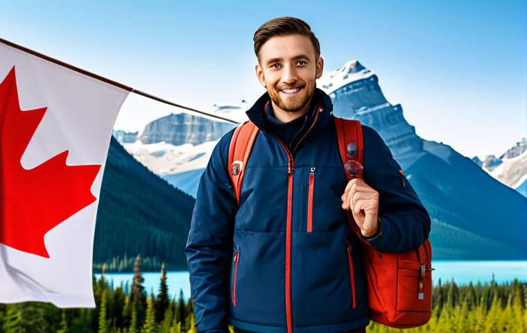 Tourist Visa Essentials**

A traveler in appropriate attire standing in front of the Canadian flag, holding a passport. The image includes icons representing a calendar (6 months), a safe, and a valid passport. Background: a blurred image of a Canadian landscape. "Safe for work, appropriate content, fully clothed, professional. Perfect anatomy, correct proportions, natural pose, high quality."

**
