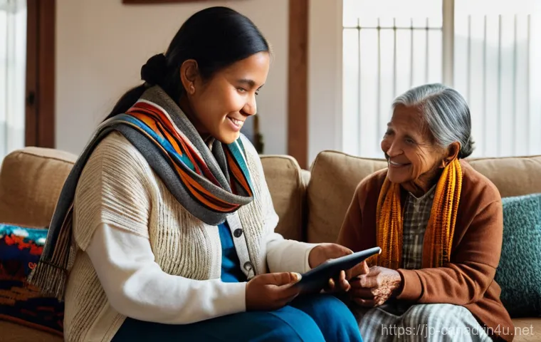 캐나다의 원주민 언어 및 문화 보존 노력 - **Prompt:** A heartwarming scene featuring a young Indigenous woman (early 20s), dressed in modern, ...
