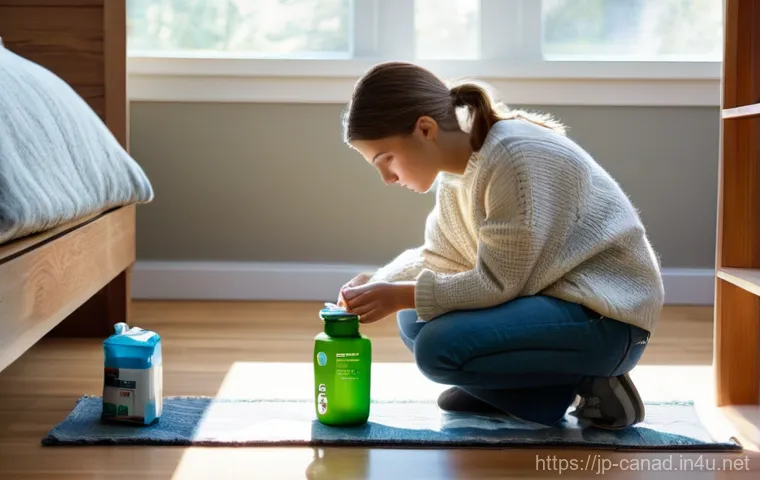 캐나다에서 자연재해 대비하는 방법 - A serene and organized scene inside a modern Canadian home. A young woman, wearing a comfortable swe...