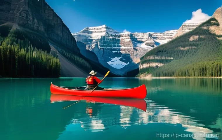 캐나다에서 카누와 카약을 즐기기 좋은 곳 - **Prompt: Serene Emerald Majesty on Lake Louise**
    "An aerial wide shot of a lone person graceful...