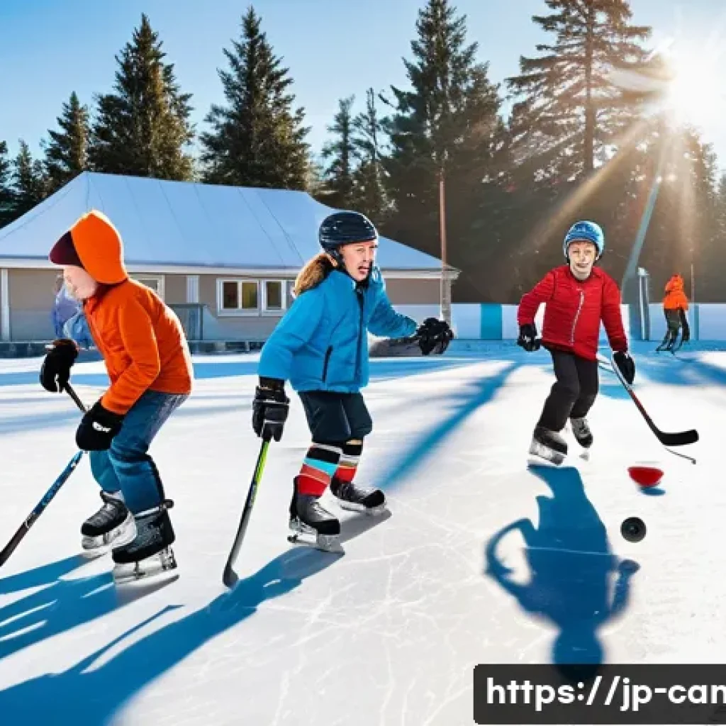 캐나다에서 유명한 하키 선수와 역사 - A vibrant, wide-angle shot capturing a group of Canadian children, approximately 8-12 years old, joy...