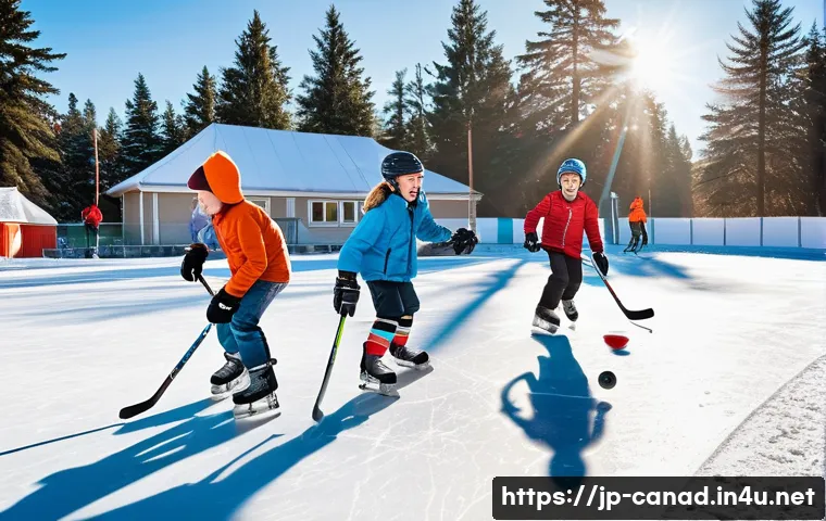 캐나다에서 유명한 하키 선수와 역사 - A vibrant, wide-angle shot capturing a group of Canadian children, approximately 8-12 years old, joy...