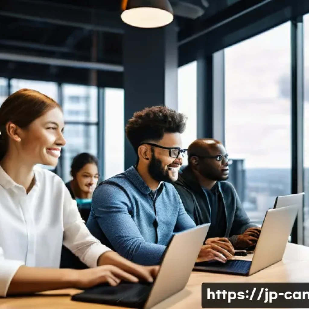 캐나다에서 인기 있는 직업 - A diverse group of software developers collaborating in a modern office with large windows showing a...