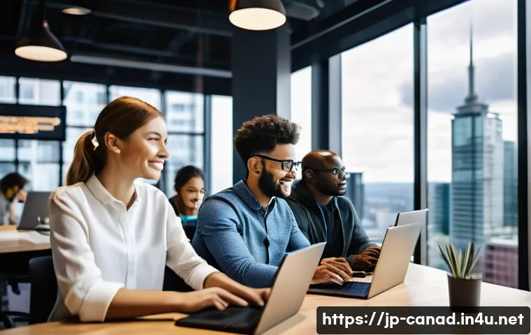 캐나다에서 인기 있는 직업 - A diverse group of software developers collaborating in a modern office with large windows showing a...