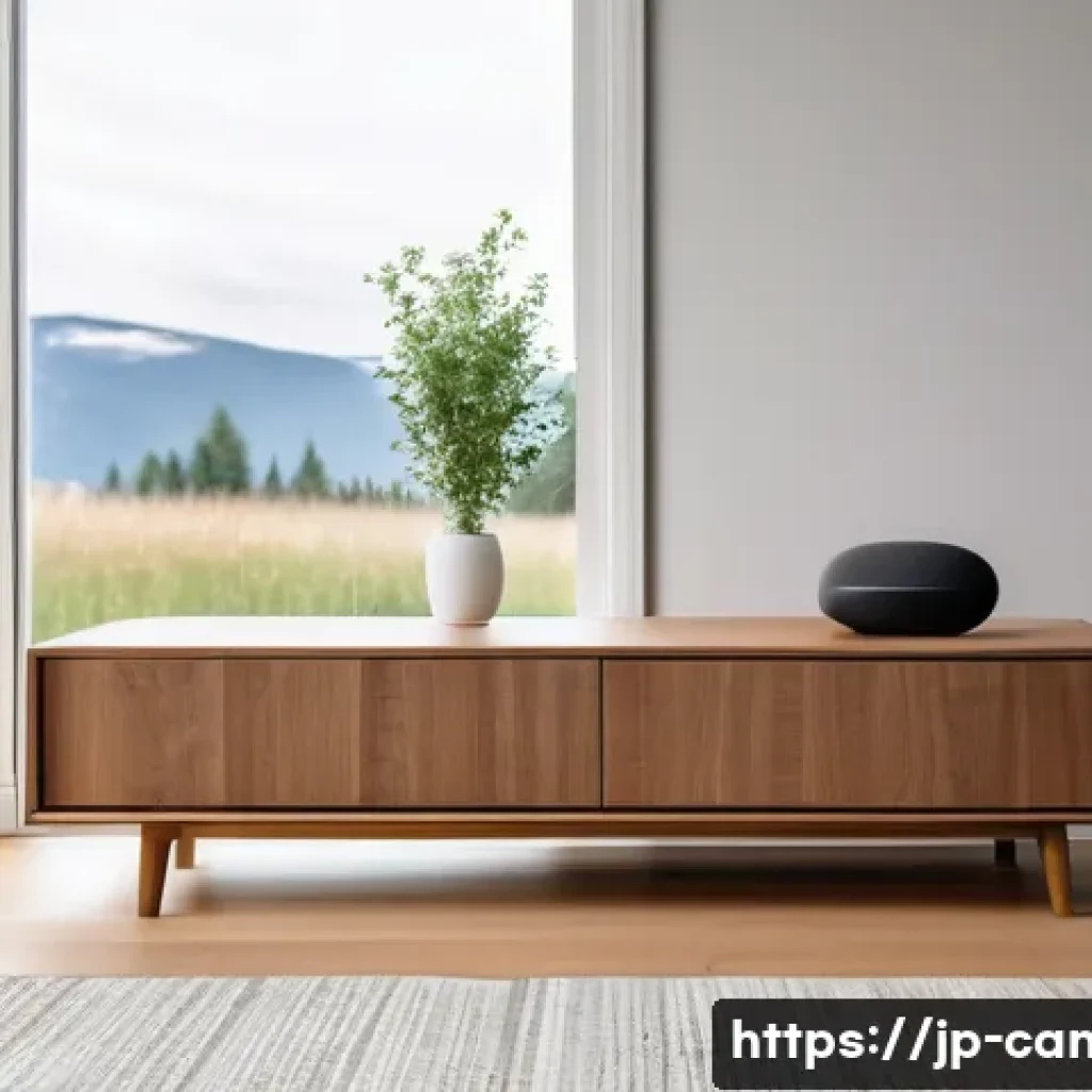 캐나다에서 인기 있는 전자제품 브랜드 - A modern Canadian living room featuring a sleek, minimalist smart speaker with a compact and modern ...