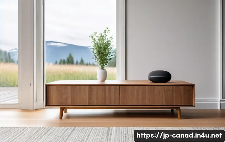 캐나다에서 인기 있는 전자제품 브랜드 - A modern Canadian living room featuring a sleek, minimalist smart speaker with a compact and modern ...