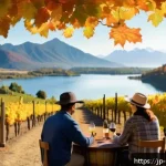 캐나다에서 유명한 와이너리 - A serene Canadian winery scene during early autumn, featuring vast grape vineyards surrounded by maj...