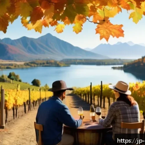 캐나다에서 유명한 와이너리 - A serene Canadian winery scene during early autumn, featuring vast grape vineyards surrounded by maj...