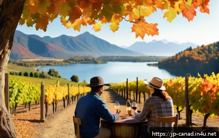 캐나다에서 유명한 와이너리 - A serene Canadian winery scene during early autumn, featuring vast grape vineyards surrounded by maj...