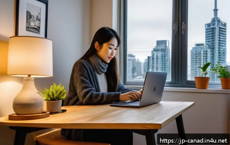 캐나다에서 한 달 생활비 예산 계산하기 - A cozy urban apartment interior in Toronto with a young Japanese woman organizing her living space e...