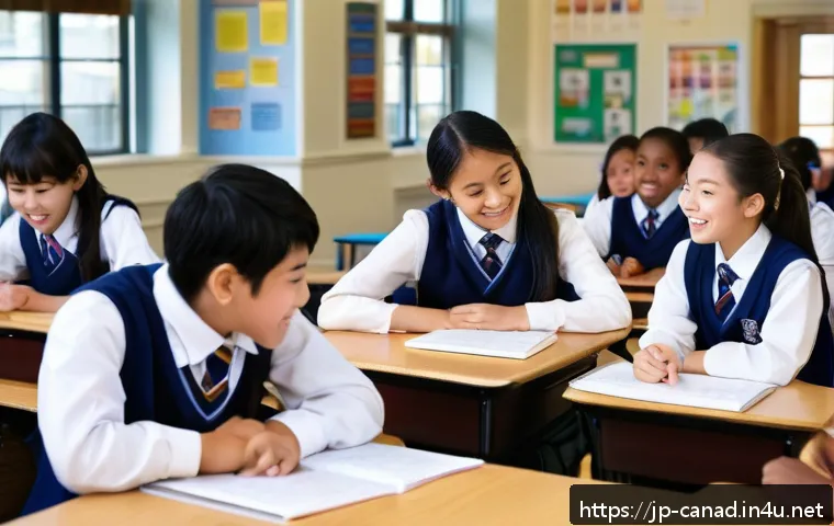 캐나다에서 자녀 교육 및 사립학교 정보 - A bright and welcoming Canadian private school classroom scene, showing diverse students aged around...