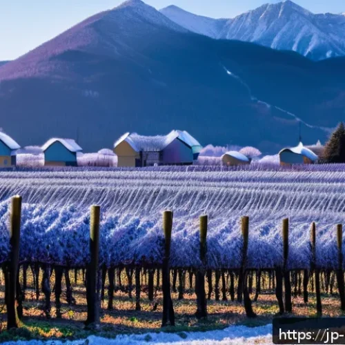 캐나다에서 유명한 아이스 와인 - A serene Canadian vineyard in the midst of a harsh winter at dawn, with frost-covered grapevines lad...