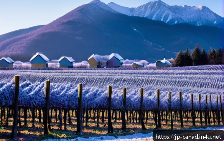 캐나다에서 유명한 아이스 와인 - A serene Canadian vineyard in the midst of a harsh winter at dawn, with frost-covered grapevines lad...