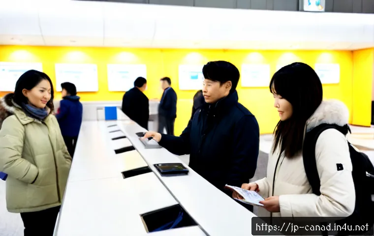 캐나다에서 코로나 이후 여행 제한 및 변경 사항 - Photorealistic Canadian international airport arrival hall, Japanese travelers in casual winter clot...